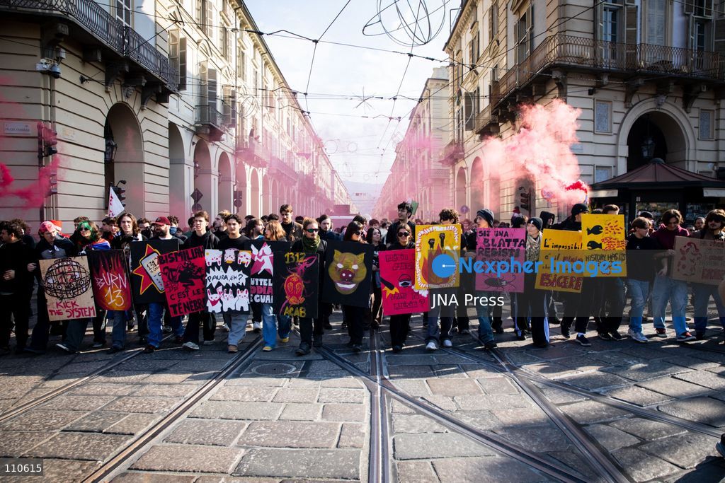 TURIN, ITALY - OCTOBER 30, 2026: Students and workers march through Turin during the general strike. Clashes broke out with police in Piazza Castello. (Photo by Luca Roggero/JNA Press via Nexpher Images)
