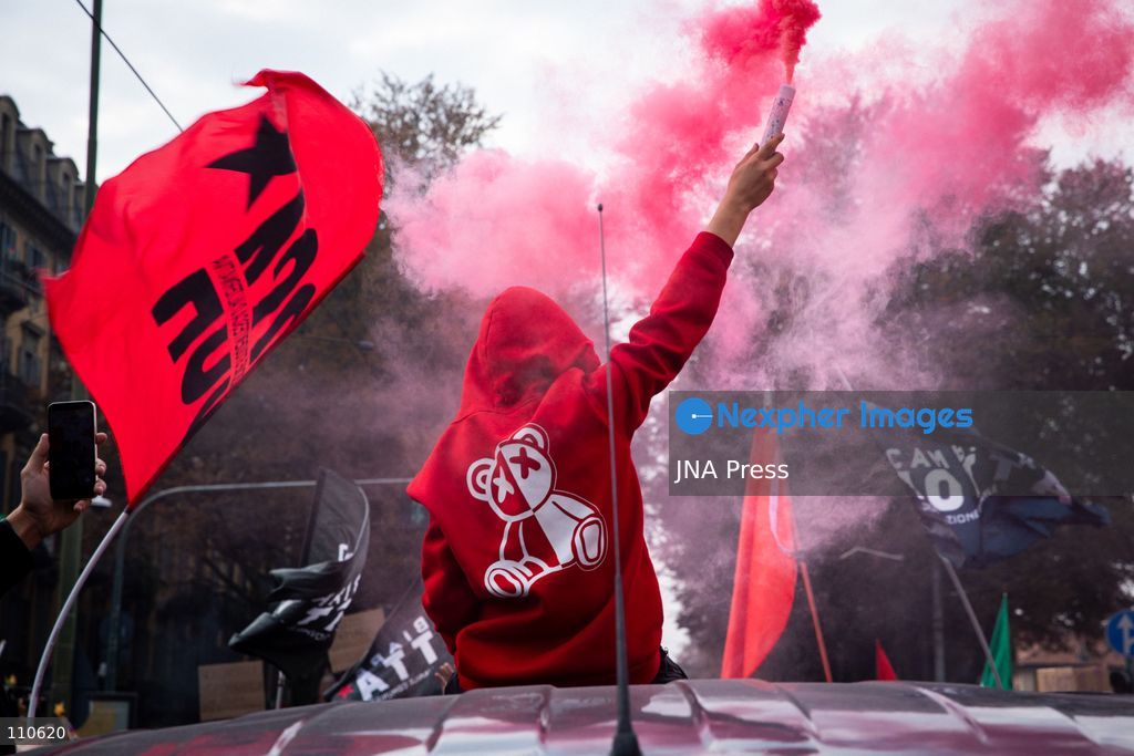 TURIN, ITALY - OCTOBER 30, 2026: Students and workers march through Turin during the general strike. Clashes broke out with police in Piazza Castello. (Photo by Luca Roggero/JNA Press via Nexpher Images)