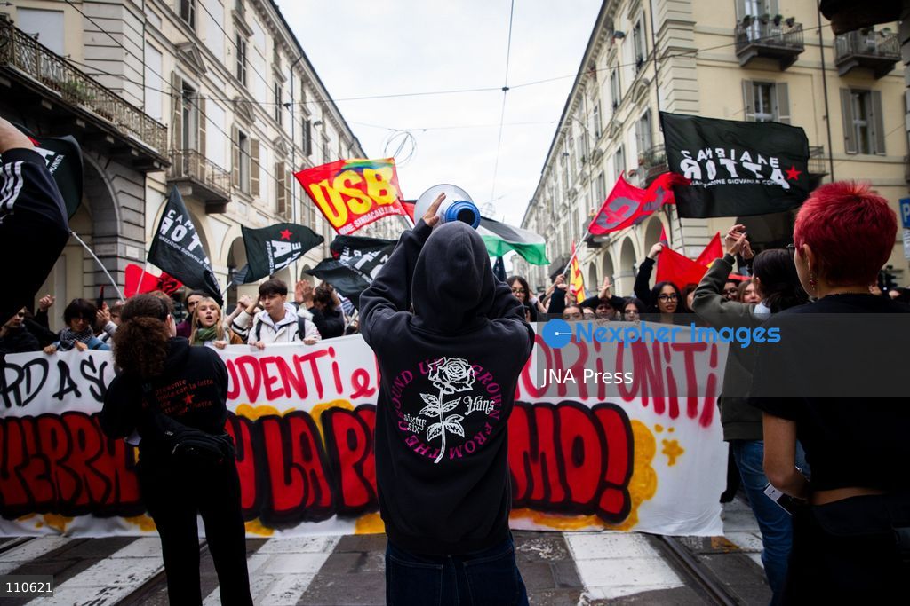 TURIN, ITALY - OCTOBER 30, 2026: Students and workers march through Turin during the general strike. Clashes broke out with police in Piazza Castello. (Photo by Luca Roggero/JNA Press via Nexpher Images)