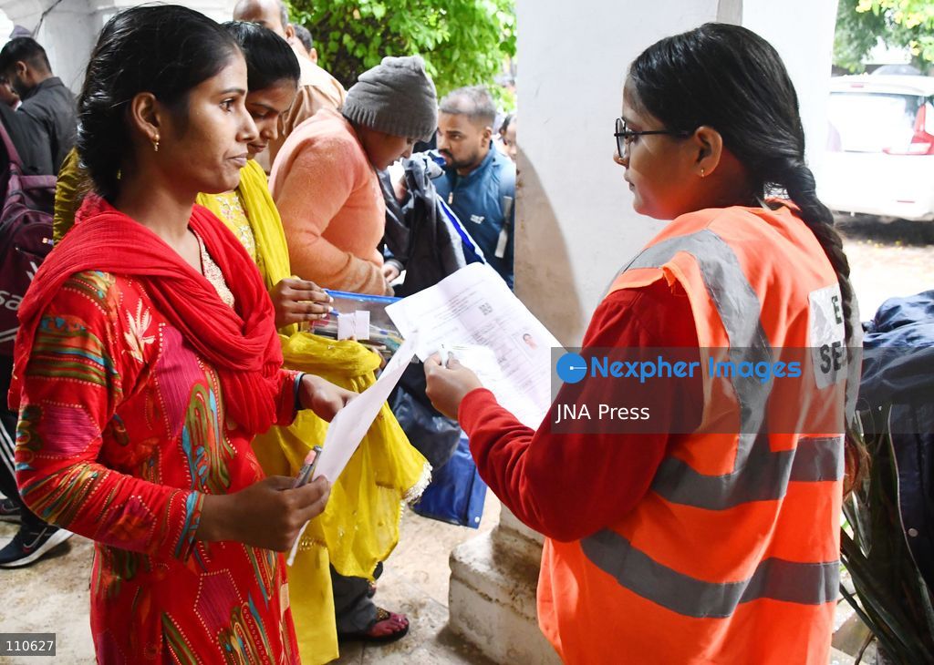 PRAYAGRAJ, INDIA - OCTOBER 30, 2026: Candidates undergo security checks and document verification before entering the examination centre to appear for the Uttar Pradesh Subordinate Services Selection Commission (UPSSSC) Preliminary Eligibility Test (PET), a state-level screening for government jobs, in Prayagraj. (Photo by Saurabh Kumar/JNA Press via Nexpher Images)