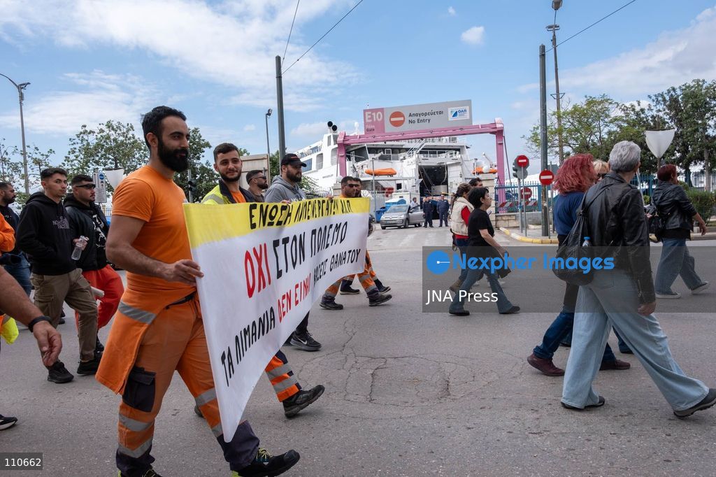 PIRAEUS, GREECE - OCTOBER 30, 2026: Dockworkers, seafarers and trade union members take part in a demonstration at the port of Piraeus during an international day of action involving 113 ports across 22 countries. The strike opposes arms shipments to conflict zones and calls for improved working conditions, better wages and workplace safety. (Photo by Antonis Zouridakis/JNA Press via Nexpher Images)