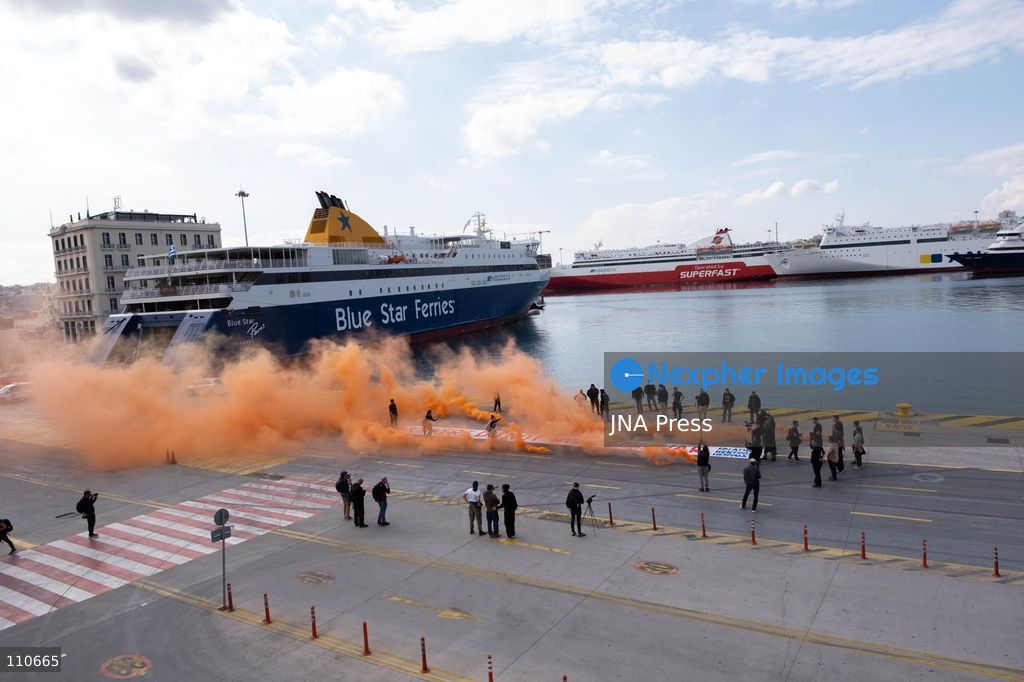 PIRAEUS, GREECE - OCTOBER 30, 2026: Dockworkers, seafarers and trade union members take part in a demonstration at the port of Piraeus during an international day of action involving 113 ports across 22 countries. The strike opposes arms shipments to conflict zones and calls for improved working conditions, better wages and workplace safety. (Photo by Antonis Zouridakis/JNA Press via Nexpher Images)