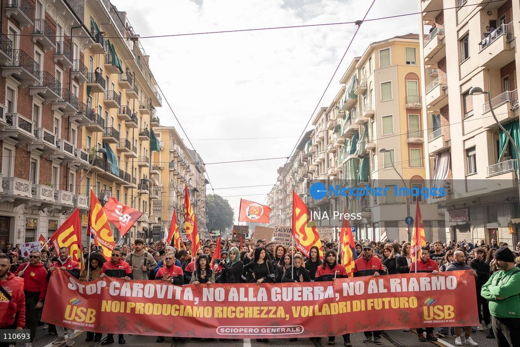 TURIN, ITALY - OCTOBER 30, 2026: Farmers, students and citizens, participate in protest during a national general strike called by the USB trade union. (Photo by Giulia Gorla/JNA Press via Nexpher Images)