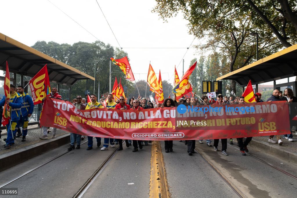 TURIN, ITALY - OCTOBER 30, 2026: Demonstrators march through the streets of Turin during a nationwide general strike called by the Unione Sindacale di Base (USB) trade union. Workers, students and activists protest against rising living costs, low wages, war and military spending, calling for better working conditions and greater investment in public services. (Photo by Ezgi Kose/JNA Press via Nexpher Images)