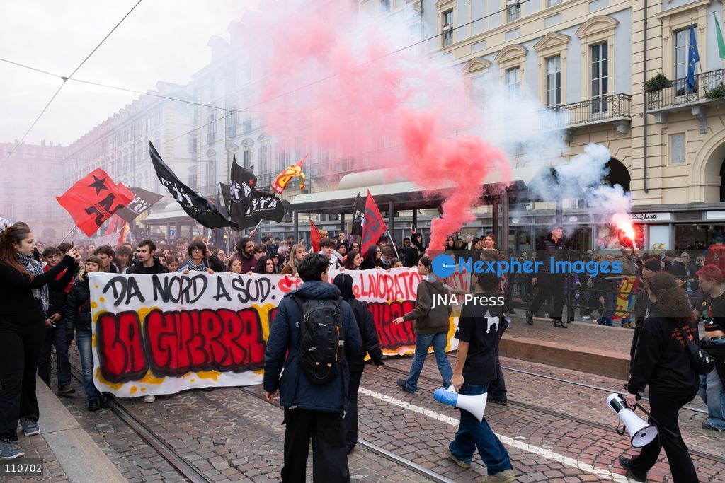 TURIN, ITALY - OCTOBER 30, 2026: Demonstrators march through the streets of Turin during a nationwide general strike called by the Unione Sindacale di Base (USB) trade union. Workers, students and activists protest against rising living costs, low wages, war and military spending, calling for better working conditions and greater investment in public services. (Photo by Ezgi Kose/JNA Press via Nexpher Images)
