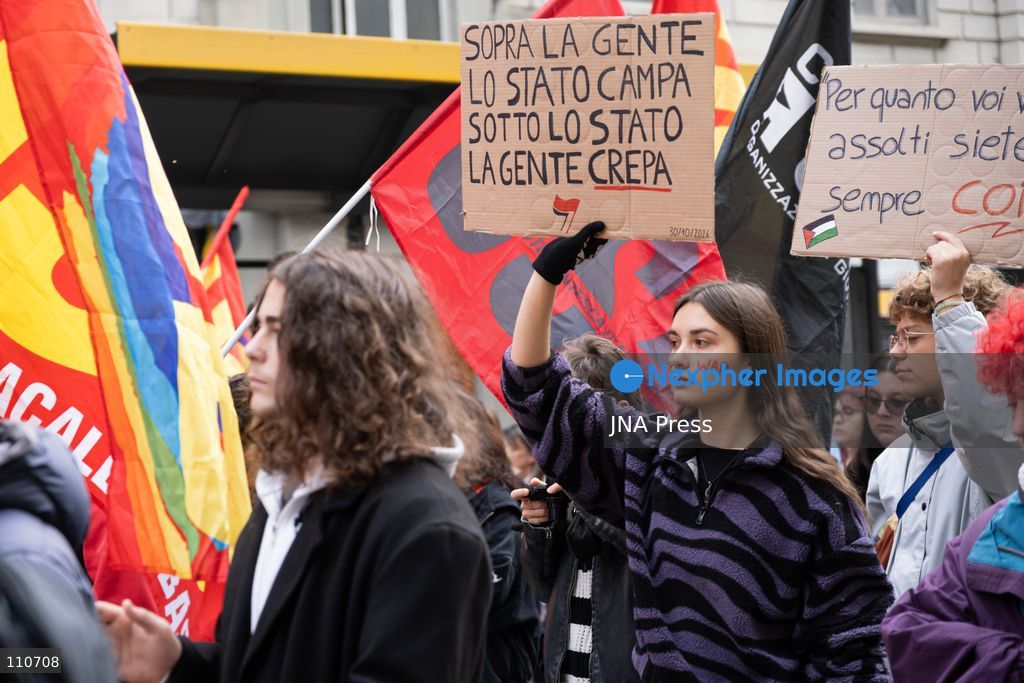 TURIN, ITALY - OCTOBER 30, 2026: Demonstrators march through the streets of Turin during a nationwide general strike called by the Unione Sindacale di Base (USB) trade union. Workers, students and activists protest against rising living costs, low wages, war and military spending, calling for better working conditions and greater investment in public services. (Photo by Ezgi Kose/JNA Press via Nexpher Images)