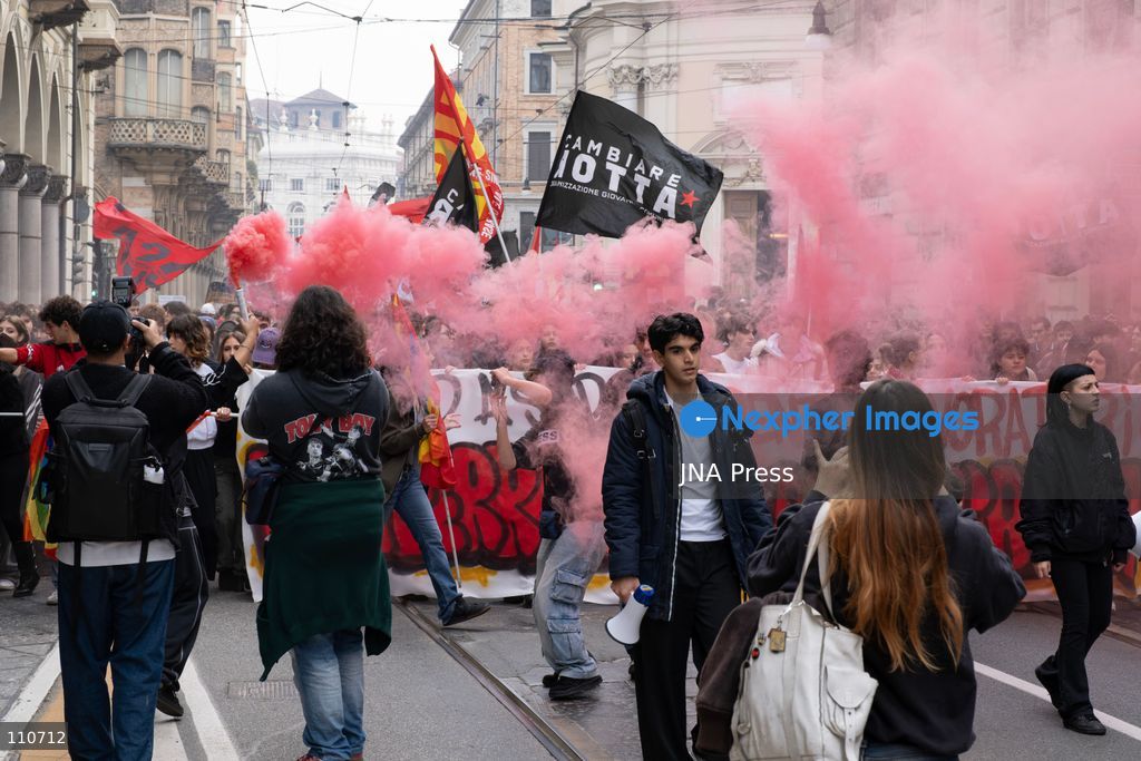 TURIN, ITALY - OCTOBER 30, 2026: Demonstrators march through the streets of Turin during a nationwide general strike called by the Unione Sindacale di Base (USB) trade union. Workers, students and activists protest against rising living costs, low wages, war and military spending, calling for better working conditions and greater investment in public services. (Photo by Ezgi Kose/JNA Press via Nexpher Images)