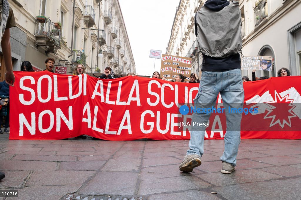 TURIN, ITALY - OCTOBER 30, 2026: Demonstrators march through the streets of Turin during a nationwide general strike called by the Unione Sindacale di Base (USB) trade union. Workers, students and activists protest against rising living costs, low wages, war and military spending, calling for better working conditions and greater investment in public services. (Photo by Ezgi Kose/JNA Press via Nexpher Images)