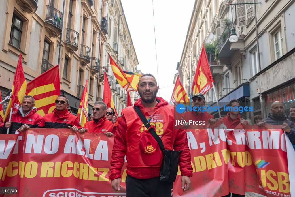 TURIN, ITALY - OCTOBER 30, 2026: Demonstrators marched through Turin during a general strike organized by the USB (Unione Sindacale di Base) trade union, protesting high living costs, low wages and poor school building conditions. A student contingent split off at Piazza Castello, where clashes with police resulted in three arrests. (Photo by Camilla Baronetto/JNA Press via Nexpher Images)