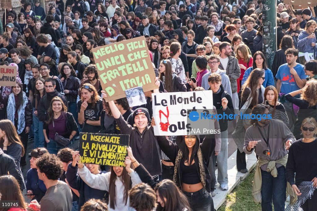 TURIN, ITALY - OCTOBER 30, 2026: Demonstrators marched through Turin during a general strike organized by the USB (Unione Sindacale di Base) trade union, protesting high living costs, low wages and poor school building conditions. A student contingent split off at Piazza Castello, where clashes with police resulted in three arrests. (Photo by Camilla Baronetto/JNA Press via Nexpher Images)