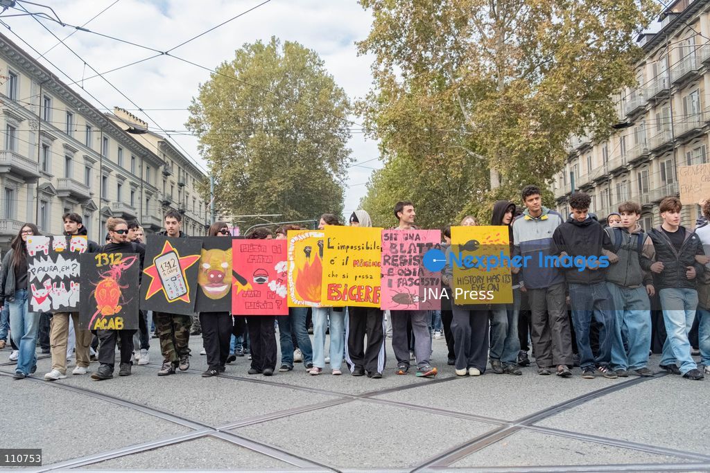 TURIN, ITALY - OCTOBER 30, 2026: Demonstrators marched through Turin during a general strike organized by the USB (Unione Sindacale di Base) trade union, protesting high living costs, low wages and poor school building conditions. A student contingent split off at Piazza Castello, where clashes with police resulted in three arrests. (Photo by Camilla Baronetto/JNA Press via Nexpher Images)