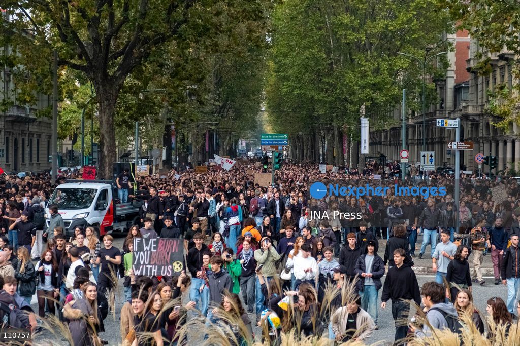 TURIN, ITALY - OCTOBER 30, 2026: Demonstrators marched through Turin during a general strike organized by the USB (Unione Sindacale di Base) trade union, protesting high living costs, low wages and poor school building conditions. A student contingent split off at Piazza Castello, where clashes with police resulted in three arrests. (Photo by Camilla Baronetto/JNA Press via Nexpher Images)