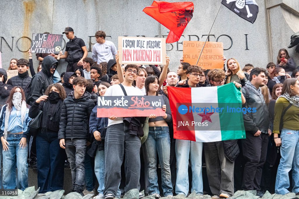 TURIN, ITALY - OCTOBER 30, 2026: Demonstrators marched through Turin during a general strike organized by the USB (Unione Sindacale di Base) trade union, protesting high living costs, low wages and poor school building conditions. A student contingent split off at Piazza Castello, where clashes with police resulted in three arrests. (Photo by Camilla Baronetto/JNA Press via Nexpher Images)