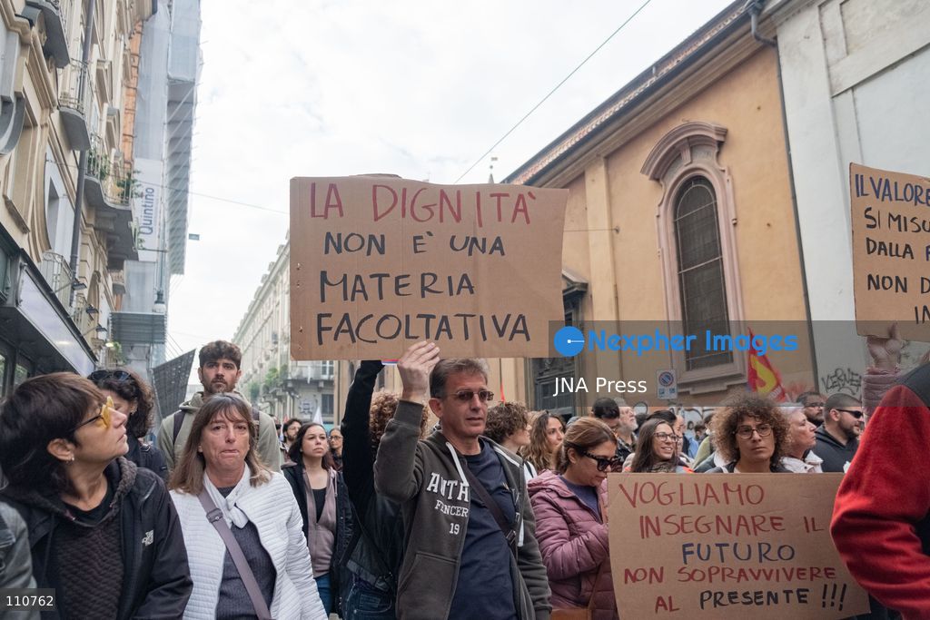TURIN, ITALY - OCTOBER 30, 2026: Demonstrators marched through Turin during a general strike organized by the USB (Unione Sindacale di Base) trade union, protesting high living costs, low wages and poor school building conditions. A student contingent split off at Piazza Castello, where clashes with police resulted in three arrests. (Photo by Camilla Baronetto/JNA Press via Nexpher Images)