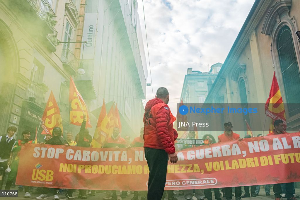 TURIN, ITALY - OCTOBER 30, 2026: Demonstrators marched through Turin during a general strike organized by the USB (Unione Sindacale di Base) trade union, protesting high living costs, low wages and poor school building conditions. A student contingent split off at Piazza Castello, where clashes with police resulted in three arrests. (Photo by Camilla Baronetto/JNA Press via Nexpher Images)