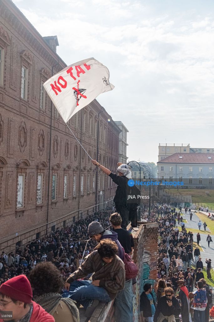 TURIN, ITALY - OCTOBER 30, 2026: Demonstrators marched through Turin during a general strike organized by the USB (Unione Sindacale di Base) trade union, protesting high living costs, low wages and poor school building conditions. A student contingent split off at Piazza Castello, where clashes with police resulted in three arrests. (Photo by Camilla Baronetto/JNA Press via Nexpher Images)