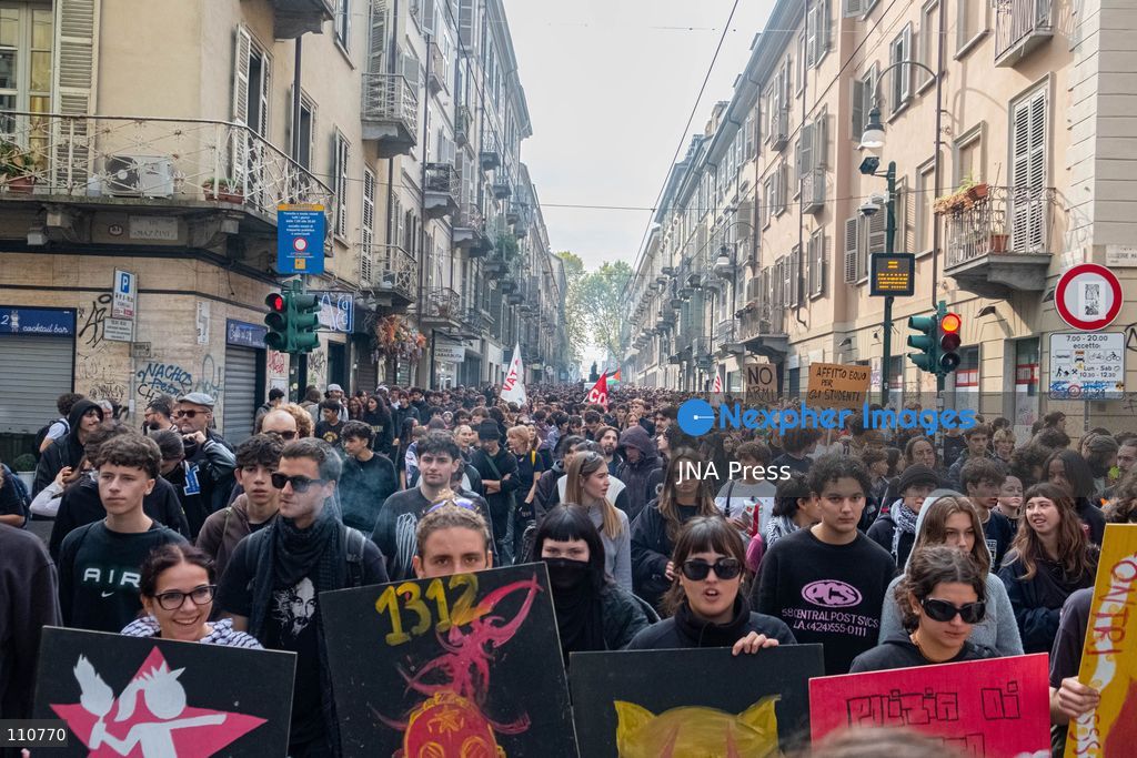 TURIN, ITALY - OCTOBER 30, 2026: Demonstrators marched through Turin during a general strike organized by the USB (Unione Sindacale di Base) trade union, protesting high living costs, low wages and poor school building conditions. A student contingent split off at Piazza Castello, where clashes with police resulted in three arrests. (Photo by Camilla Baronetto/JNA Press via Nexpher Images)