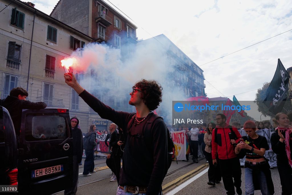 TURIN, ITALY - OCTOBER 30, 2026: Students and workers take to the streets of Turin during the nationwide general strike called by the Unione Sindacale di Base (USB), protesting against high living costs, precarious employment, low wages and poor conditions of the education system. (Photo by Chiara Antenucci/JNA Press via Nexpher Images)