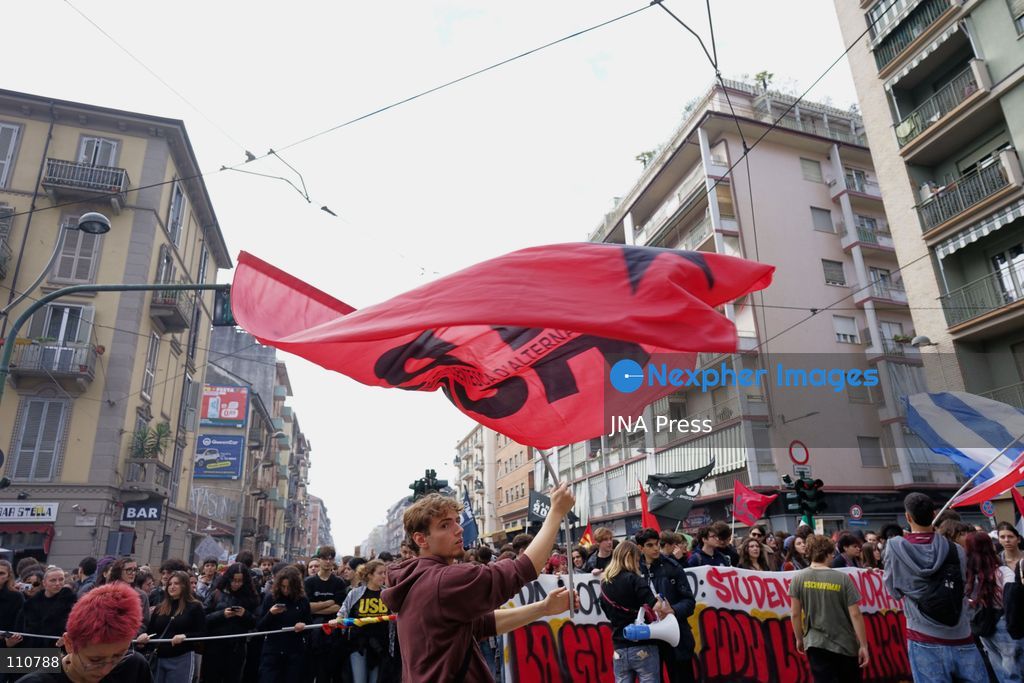 TURIN, ITALY - OCTOBER 30, 2026: Students and workers take to the streets of Turin during the nationwide general strike called by the Unione Sindacale di Base (USB), protesting against high living costs, precarious employment, low wages and poor conditions of the education system. (Photo by Chiara Antenucci/JNA Press via Nexpher Images)