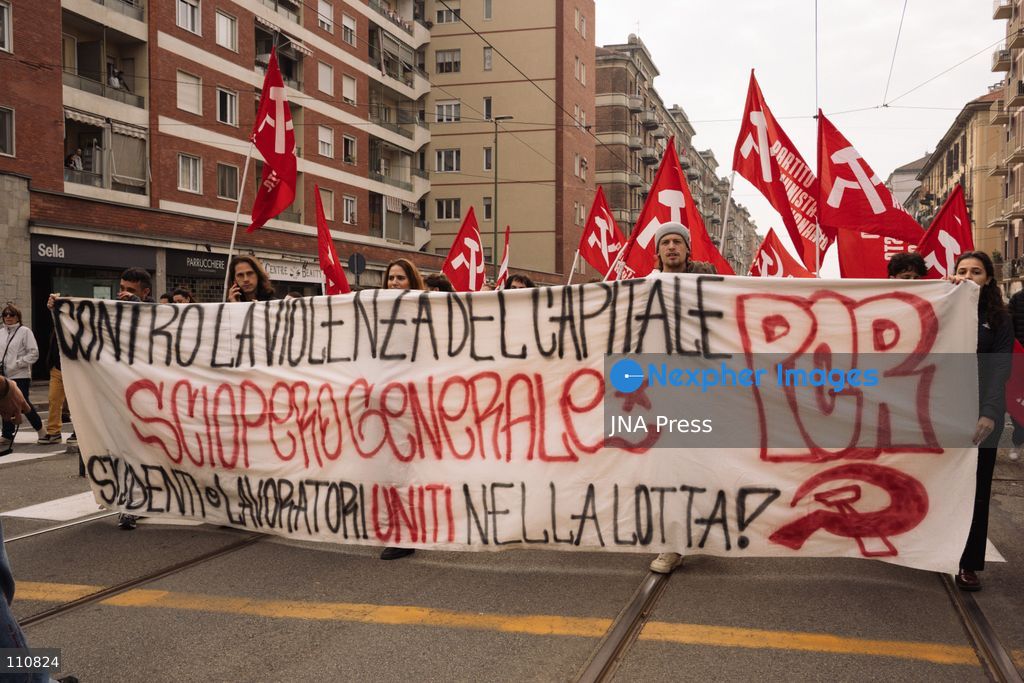 TURIN, ITALY, OCTOBER 30, 2026: Workers and demonstrators march through Turin during a nationwide general strike called by the Unione Sindacale di Base (USB) trade union. Protesters oppose war and rising living costs and demand protection for jobs and the right to strike. (Photo by Chiara Buldrini/JNA Press via Nexpher Images)