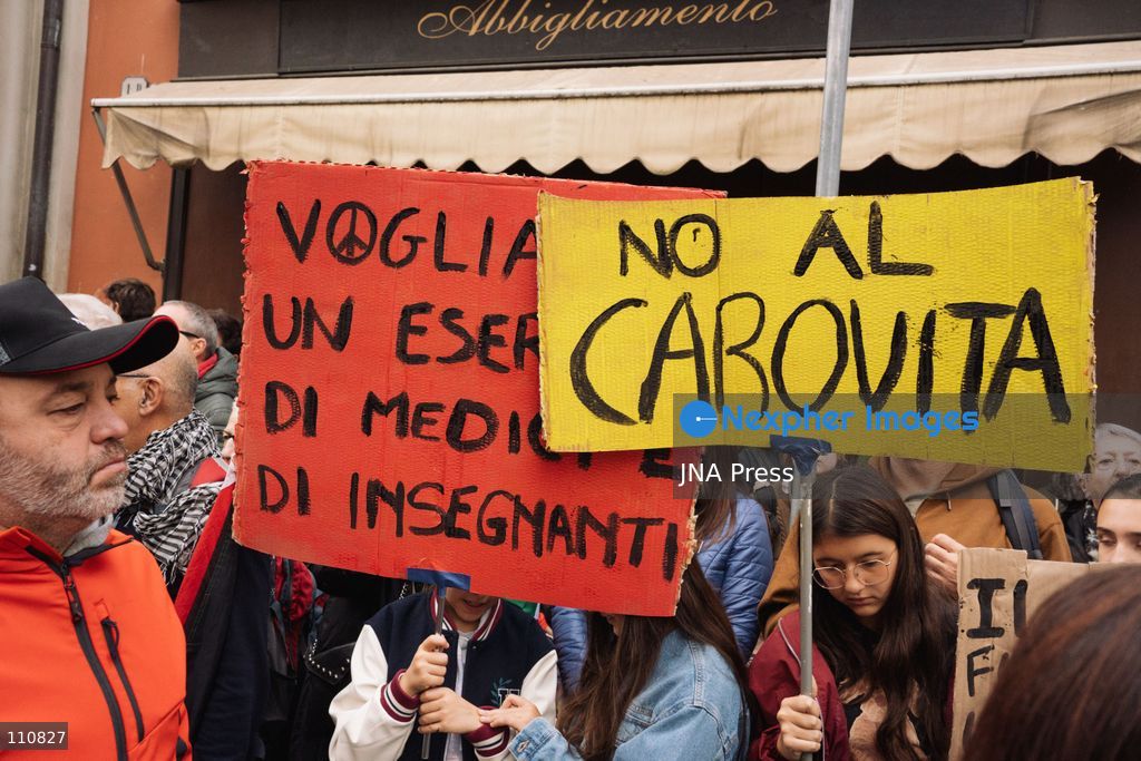 TURIN, ITALY, OCTOBER 30, 2026: Workers and demonstrators march through Turin during a nationwide general strike called by the Unione Sindacale di Base (USB) trade union. Protesters oppose war and rising living costs and demand protection for jobs and the right to strike. (Photo by Chiara Buldrini/JNA Press via Nexpher Images)