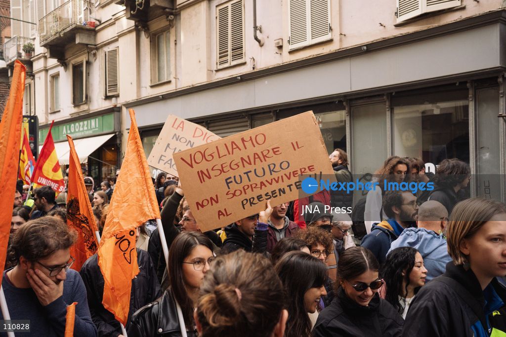 TURIN, ITALY, OCTOBER 30, 2026: Workers and demonstrators march through Turin during a nationwide general strike called by the Unione Sindacale di Base (USB) trade union. Protesters oppose war and rising living costs and demand protection for jobs and the right to strike. (Photo by Chiara Buldrini/JNA Press via Nexpher Images)