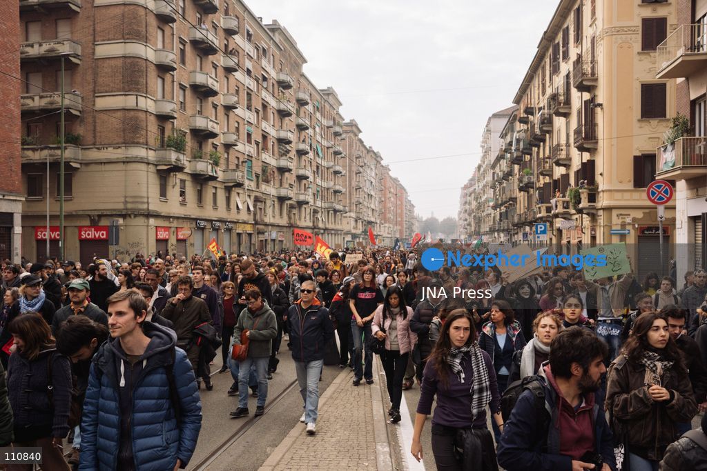 TURIN, ITALY, OCTOBER 30, 2026: Workers and demonstrators march through Turin during a nationwide general strike called by the Unione Sindacale di Base (USB) trade union. Protesters oppose war and rising living costs and demand protection for jobs and the right to strike. (Photo by Chiara Buldrini/JNA Press via Nexpher Images)