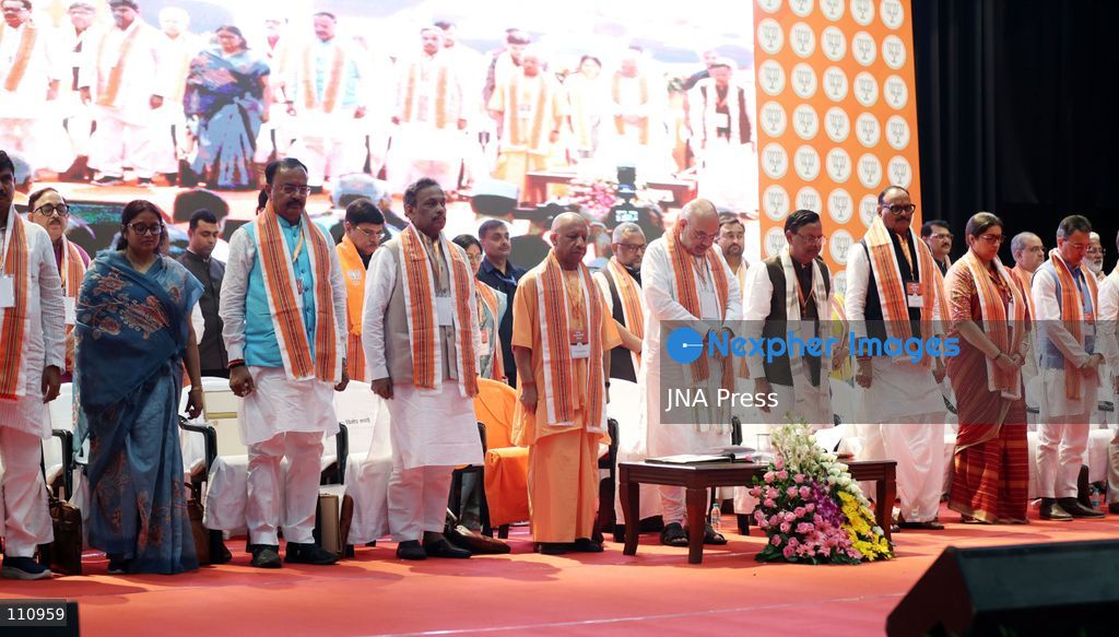 LUCKNOW, INDIA - OCTOBER 30, 2026: Union Home Minister Amit Shah, along with Uttar Pradesh Chief Minister Yogi Adityanath, BJP National General Secretary Vinod Tawde and Smriti Irani and other leaders, during the BJP Working Committee meeting at the Bhimrao Ambedkar Auditorium of Dr Ram Manohar Lohia National Law University in Lucknow. (Photo by Jitendra Prakash/JNA Press via Nexpher Images)