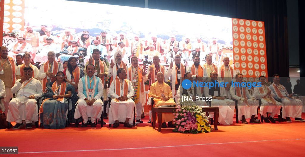 LUCKNOW, INDIA - OCTOBER 30, 2026: Union Home Minister Amit Shah, along with Uttar Pradesh Chief Minister Yogi Adityanath, BJP National General Secretary Vinod Tawde and Smriti Irani and other leaders, during the BJP Working Committee meeting at the Bhimrao Ambedkar Auditorium of Dr Ram Manohar Lohia National Law University in Lucknow. (Photo by Jitendra Prakash/JNA Press via Nexpher Images)