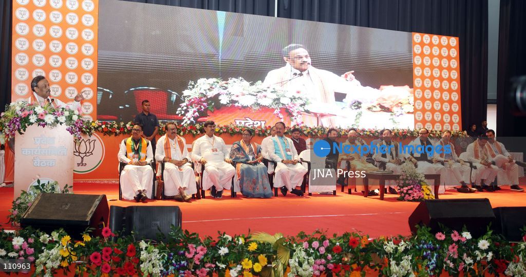 LUCKNOW, INDIA - OCTOBER 30, 2026: Union Home Minister Amit Shah, along with Uttar Pradesh Chief Minister Yogi Adityanath, BJP National General Secretary Vinod Tawde and Smriti Irani and other leaders, during the BJP Working Committee meeting at the Bhimrao Ambedkar Auditorium of Dr Ram Manohar Lohia National Law University in Lucknow. (Photo by Jitendra Prakash/JNA Press via Nexpher Images)