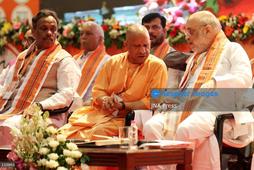 LUCKNOW, INDIA - OCTOBER 30, 2026: Union Home Minister Amit Shah, along with Uttar Pradesh Chief Minister Yogi Adityanath, BJP National General Secretary Vinod Tawde and Smriti Irani and other leaders, during the BJP Working Committee meeting at the Bhimrao Ambedkar Auditorium of Dr Ram Manohar Lohia National Law University in Lucknow. (Photo by Jitendra Prakash/JNA Press via Nexpher Images)