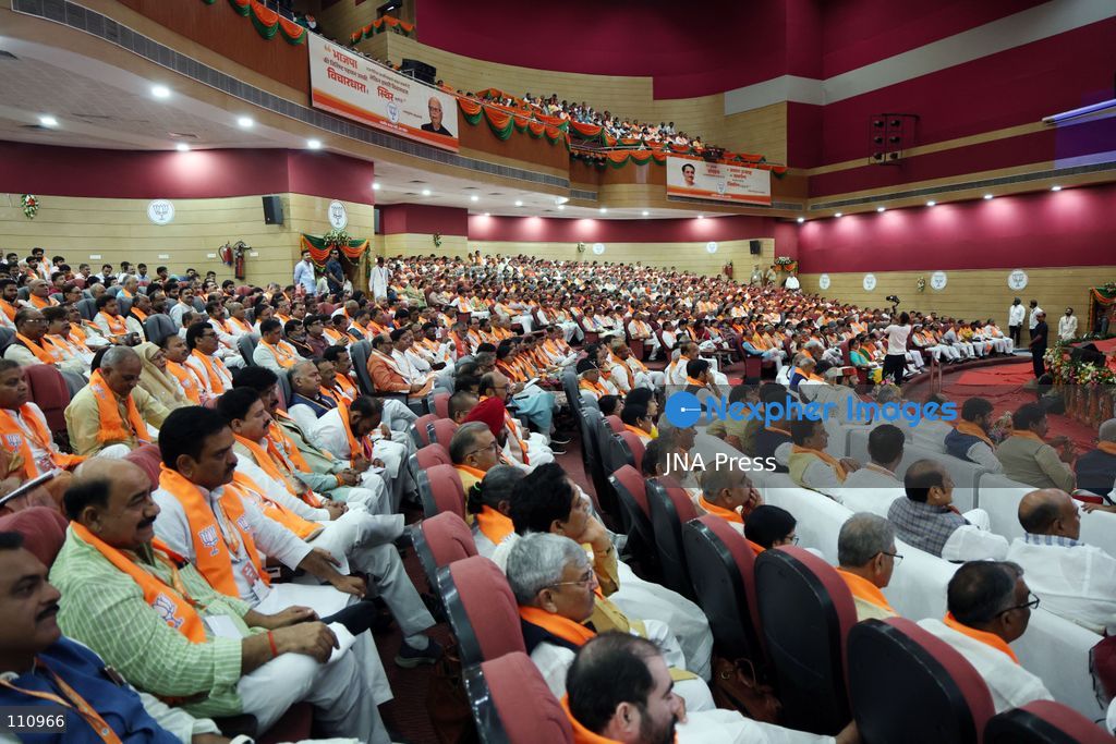 LUCKNOW, INDIA - OCTOBER 30, 2026: Union Home Minister Amit Shah, along with Uttar Pradesh Chief Minister Yogi Adityanath, BJP National General Secretary Vinod Tawde and Smriti Irani and other leaders, during the BJP Working Committee meeting at the Bhimrao Ambedkar Auditorium of Dr Ram Manohar Lohia National Law University in Lucknow. (Photo by Jitendra Prakash/JNA Press via Nexpher Images)
