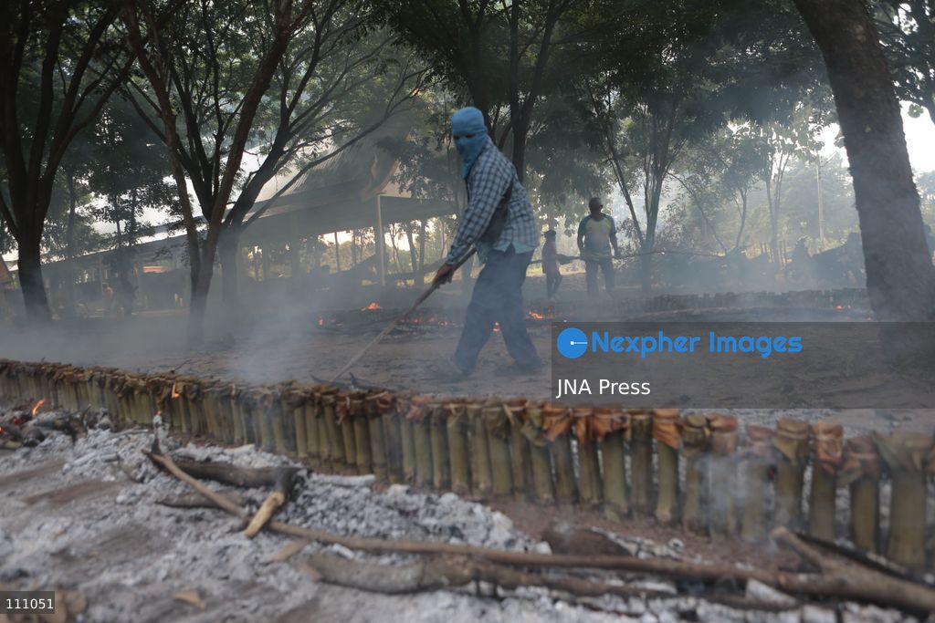 NAKHON SAWAN, THAILAND - OCTOBER 31, 2026: Villagers roast sticky rice in bamboo tubes, known as Khao Lam, at a temple in Nakhon Sawan province, north of Bangkok, ahead of a Kathin ceremony held after the end of Buddhist Lent. The rice is distributed to people who attend the ceremony, in a tradition passed down through generations that encourages villagers to work together. (Photo by Chaiwat Subprasom/JNA Press via Nexpher Images)