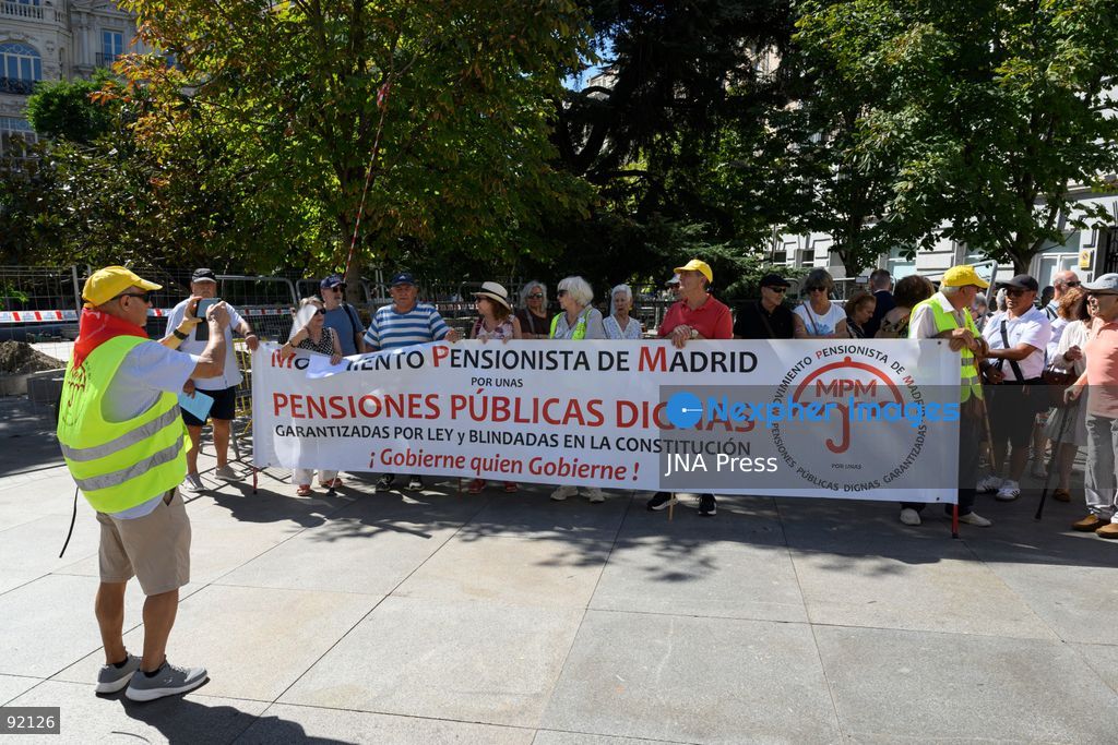 MADRID, SPAIN, SEPTEMBER 14, 2026: Pensioners gather outside the Congress of Deputies in Madrid during a demonstration calling for the protection of Spain’s public pension system. The rally was organized by the Madrid Pensioners’ Movement. Photo by Tomas Calle / JNA Press. (Photo by Tomas Calle/JNA Press via Nexpher Images)