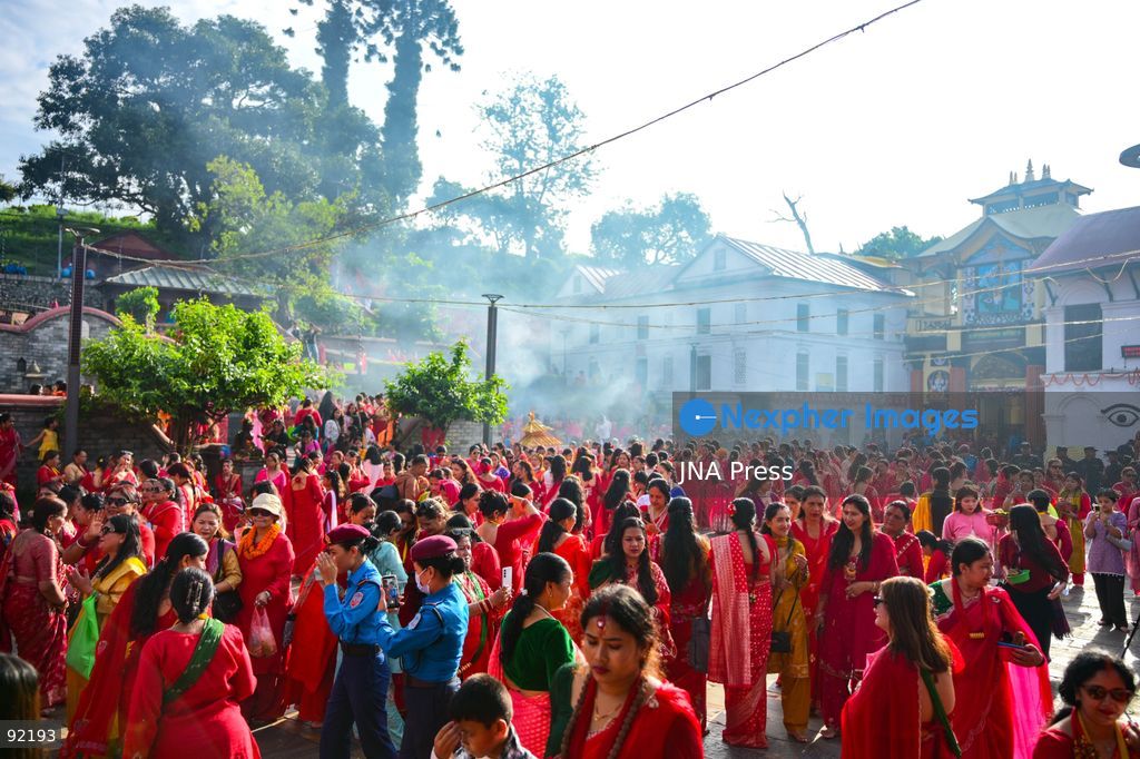 KATHMANDU, NEPAL, SEPTEMBER 14, 2026: Hindu women devotees dressed in traditional red attire gather at Pashupatinath Temple in Kathmandu to celebrate Hartalika Teej. Women offer prayers and perform religious rituals dedicated to Lord Shiva and Goddess Parvati, with many observing a traditional fast and gathering for worship, devotional singing and dancing during the festival. Photo by Safal Prakash Shrestha / JNA Press. (Photo by Safal Prakash Shrestha/JNA Press via Nexpher Images)