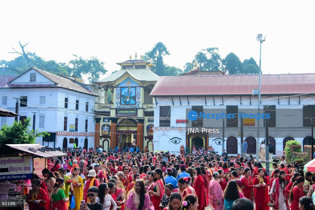 KATHMANDU, NEPAL, SEPTEMBER 14, 2026: Hindu women devotees dressed in traditional red attire gather at Pashupatinath Temple in Kathmandu to celebrate Hartalika Teej. Women offer prayers and perform religious rituals dedicated to Lord Shiva and Goddess Parvati, with many observing a traditional fast and gathering for worship, devotional singing and dancing during the festival. Photo by Safal Prakash Shrestha / JNA Press. (Photo by Safal Prakash Shrestha/JNA Press via Nexpher Images)