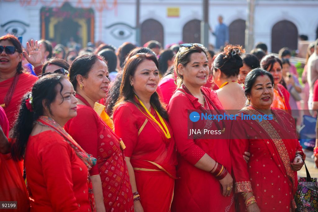 KATHMANDU, NEPAL, SEPTEMBER 14, 2026: Hindu women devotees dressed in traditional red attire gather at Pashupatinath Temple in Kathmandu to celebrate Hartalika Teej. Women offer prayers and perform religious rituals dedicated to Lord Shiva and Goddess Parvati, with many observing a traditional fast and gathering for worship, devotional singing and dancing during the festival. Photo by Safal Prakash Shrestha / JNA Press. (Photo by Safal Prakash Shrestha/JNA Press via Nexpher Images)