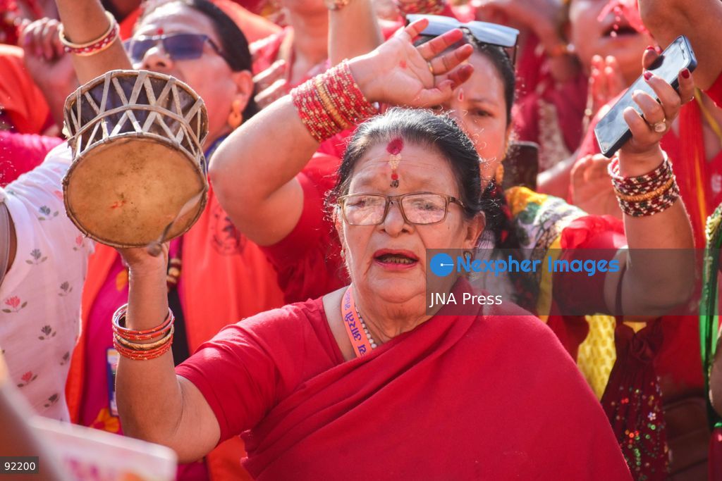 KATHMANDU, NEPAL, SEPTEMBER 14, 2026: Hindu women devotees dressed in traditional red attire gather at Pashupatinath Temple in Kathmandu to celebrate Hartalika Teej. Women offer prayers and perform religious rituals dedicated to Lord Shiva and Goddess Parvati, with many observing a traditional fast and gathering for worship, devotional singing and dancing during the festival. Photo by Safal Prakash Shrestha / JNA Press. (Photo by Safal Prakash Shrestha/JNA Press via Nexpher Images)