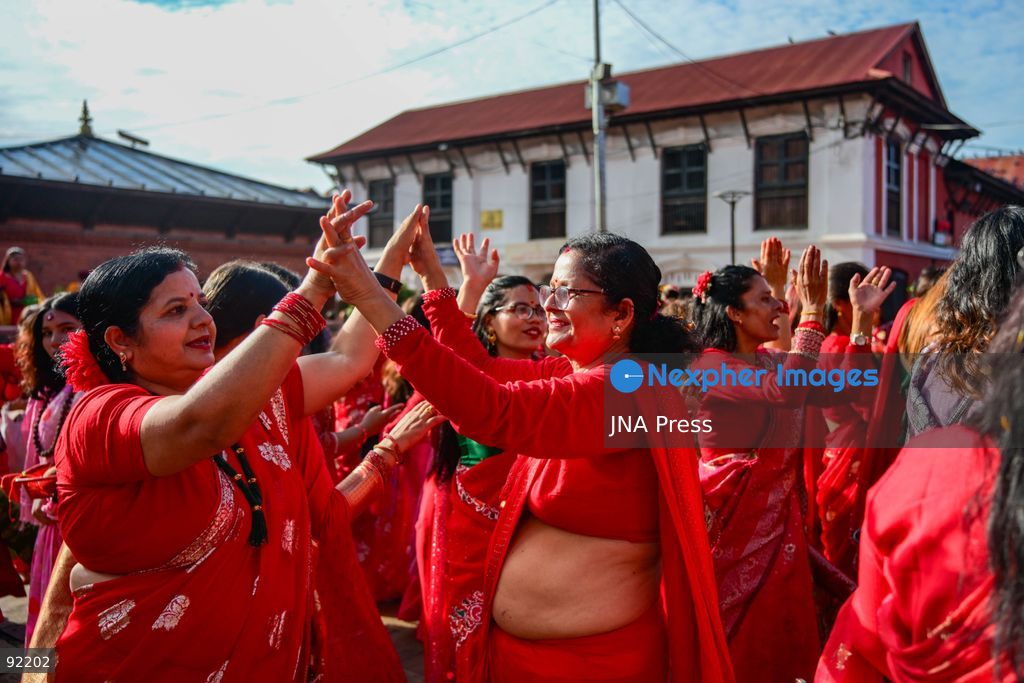 KATHMANDU, NEPAL, SEPTEMBER 14, 2026: Hindu women devotees dressed in traditional red attire gather at Pashupatinath Temple in Kathmandu to celebrate Hartalika Teej. Women offer prayers and perform religious rituals dedicated to Lord Shiva and Goddess Parvati, with many observing a traditional fast and gathering for worship, devotional singing and dancing during the festival. Photo by Safal Prakash Shrestha / JNA Press. (Photo by Safal Prakash Shrestha/JNA Press via Nexpher Images)