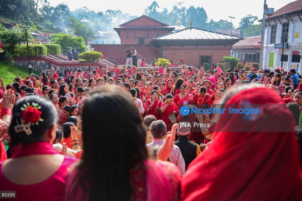 KATHMANDU, NEPAL, SEPTEMBER 14, 2026: Hindu women devotees dressed in traditional red attire gather at Pashupatinath Temple in Kathmandu to celebrate Hartalika Teej. Women offer prayers and perform religious rituals dedicated to Lord Shiva and Goddess Parvati, with many observing a traditional fast and gathering for worship, devotional singing and dancing during the festival. Photo by Safal Prakash Shrestha / JNA Press. (Photo by Safal Prakash Shrestha/JNA Press via Nexpher Images)
