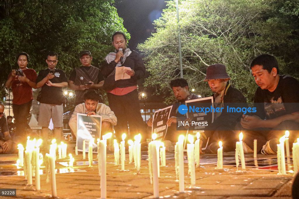 SURAKARTA, CENTRAL JAVA, INDONESIA, SEPTEMBER 14, 2026: Journalists and media workers take part in a solidarity prayer at Solo City Hall for five journalists, two crew members and a guide who lost contact while covering the eruption of Mount Anak Krakatau in the Sunda Strait. The event was organized by the Solo branches of the Indonesian Photojournalists Association (PFI), Indonesian Journalists Association (PWI) and Alliance of Independent Journalists (AJI), together with journalists from various media organizations, in support of ongoing search efforts. Photo by Ilham Nur Arifin / JNA Press. (Photo by Ilham Nur Arifin/JNA Press via Nexpher Images)