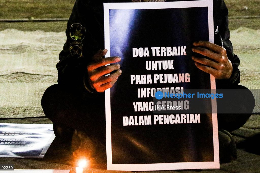 SURAKARTA, CENTRAL JAVA, INDONESIA, SEPTEMBER 14, 2026: Journalists and media workers take part in a solidarity prayer at Solo City Hall for five journalists, two crew members and a guide who lost contact while covering the eruption of Mount Anak Krakatau in the Sunda Strait. The event was organized by the Solo branches of the Indonesian Photojournalists Association (PFI), Indonesian Journalists Association (PWI) and Alliance of Independent Journalists (AJI), together with journalists from various media organizations, in support of ongoing search efforts. Photo by Ilham Nur Arifin / JNA Press. (Photo by Ilham Nur Arifin/JNA Press via Nexpher Images)