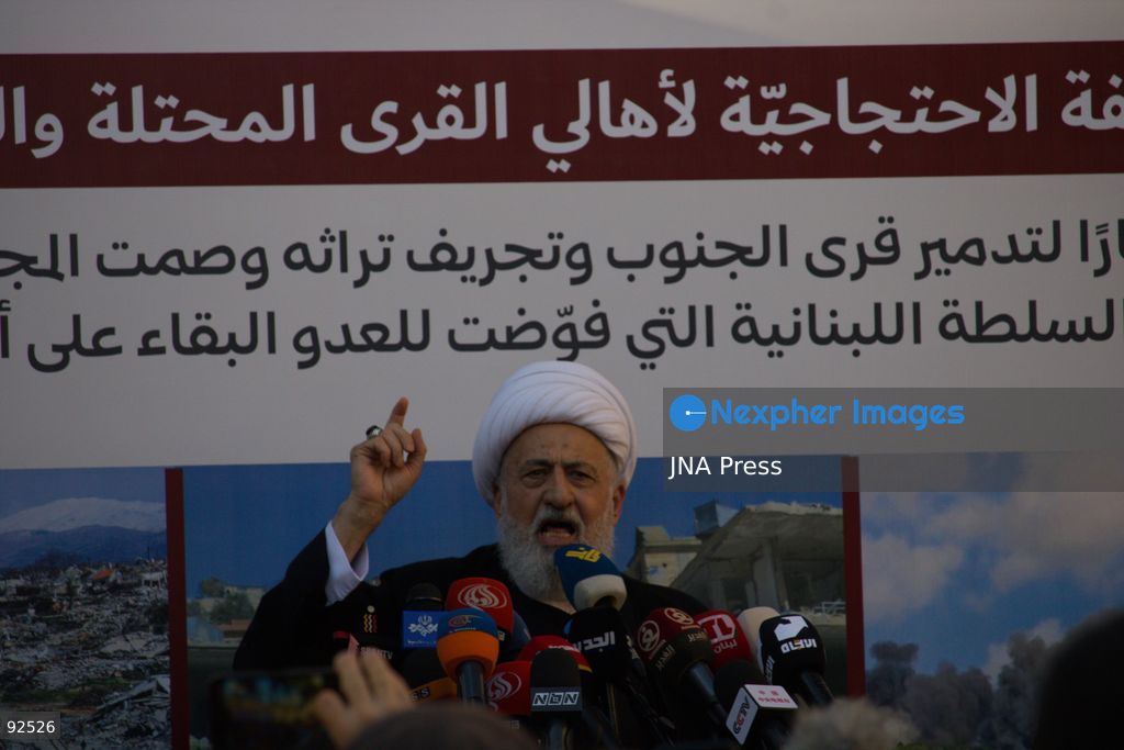 BEIRUT, LEBANON - Sept. 15: Sheikh Ali al-Khatib, vice president of Lebanon's Supreme Shia Islamic Council, speaks at a protest in Beirut's southern suburbs on Sept. 15, 2026 in condemnation of Israel's continued destruction of villages in south Lebanon. Photo by Nicholas Frakes / JNA Press (Photo by Nicholas Frakes/JNA Press via Nexpher Images)