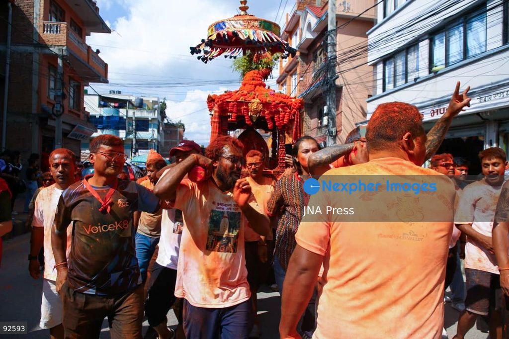 BHAKTAPUR, NEPAL, SEPTEMBER 15, 2026: Hindu devotees take part in a traditional chariot procession during Ganesh Chaturthi celebrations at Suryabinayak Temple in Bhaktapur. The Ganesh Khat Jatra and Rath Yatra were accompanied by traditional music as worshippers gathered at the temple to offer prayers marking the Hindu festival dedicated to Lord Ganesha. Photo by Gopal Dahal / JNA Press. (Photo by Gopal Dahal/JNA Press via Nexpher Images)