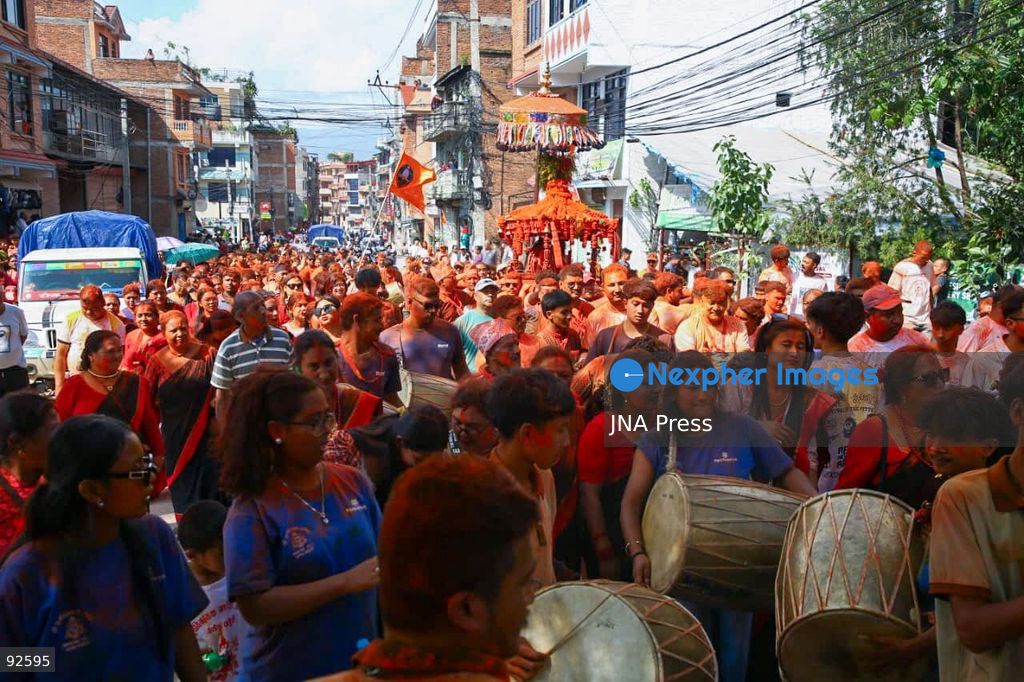 BHAKTAPUR, NEPAL, SEPTEMBER 15, 2026: Hindu devotees take part in a traditional chariot procession during Ganesh Chaturthi celebrations at Suryabinayak Temple in Bhaktapur. The Ganesh Khat Jatra and Rath Yatra were accompanied by traditional music as worshippers gathered at the temple to offer prayers marking the Hindu festival dedicated to Lord Ganesha. Photo by Gopal Dahal / JNA Press. (Photo by Gopal Dahal/JNA Press via Nexpher Images)