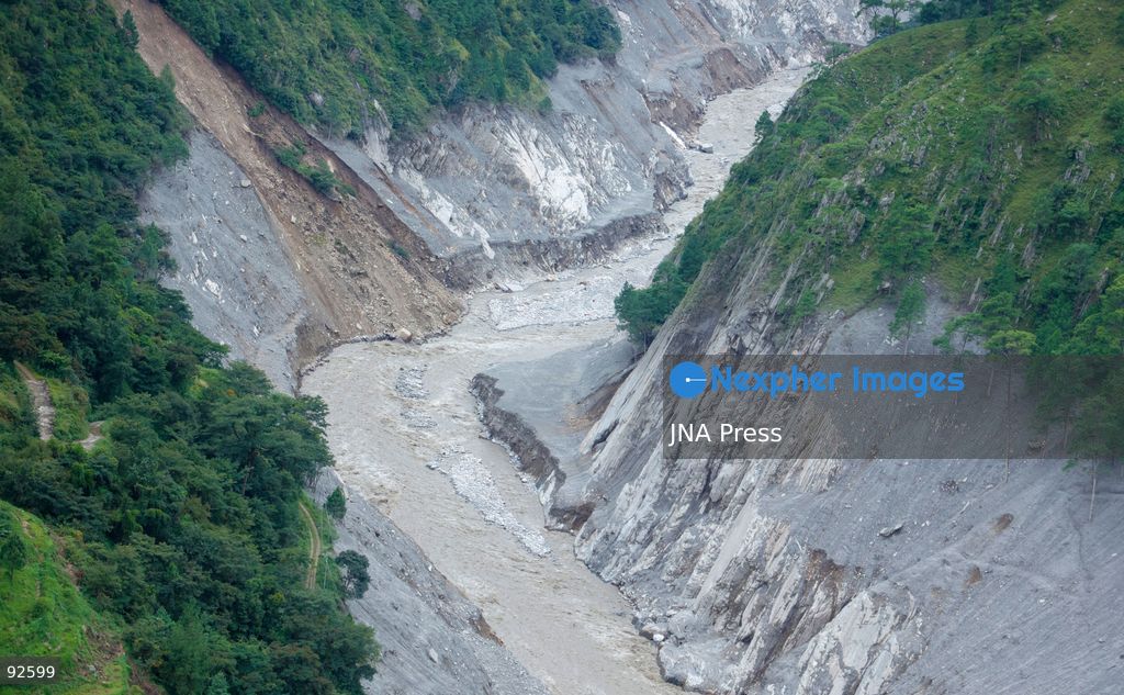 DEVIGHAT, NUWAKOT, NEPAL, SEPTEMBER 15, 2026: Aerial views show damage to homes and surrounding areas in Devighat, Nuwakot, following recent floods and landslides. Sand, rocks and debris cover parts of the settlement where homes and other structures were damaged or destroyed by floodwaters and landslides. Photo by Gopal Dahal/ JNA Press. (Photo by Gopal Dahal/JNA Press via Nexpher Images)