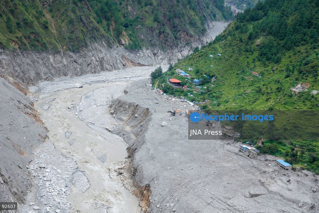 DEVIGHAT, NUWAKOT, NEPAL, SEPTEMBER 15, 2026: Aerial views show damage to homes and surrounding areas in Devighat, Nuwakot, following recent floods and landslides. Sand, rocks and debris cover parts of the settlement where homes and other structures were damaged or destroyed by floodwaters and landslides. Photo by Gopal Dahal/ JNA Press. (Photo by Gopal Dahal/JNA Press via Nexpher Images)