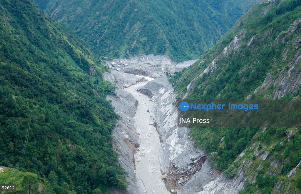 DEVIGHAT, NUWAKOT, NEPAL, SEPTEMBER 15, 2026: Aerial views show damage to homes and surrounding areas in Devighat, Nuwakot, following recent floods and landslides. Sand, rocks and debris cover parts of the settlement where homes and other structures were damaged or destroyed by floodwaters and landslides. Photo by Gopal Dahal/ JNA Press. (Photo by Gopal Dahal/JNA Press via Nexpher Images)