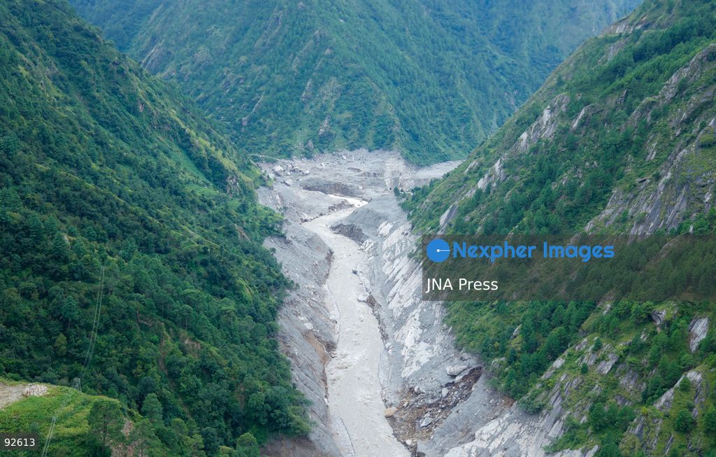 DEVIGHAT, NUWAKOT, NEPAL, SEPTEMBER 15, 2026: Aerial views show damage to homes and surrounding areas in Devighat, Nuwakot, following recent floods and landslides. Sand, rocks and debris cover parts of the settlement where homes and other structures were damaged or destroyed by floodwaters and landslides. Photo by Gopal Dahal/ JNA Press. (Photo by Gopal Dahal/JNA Press via Nexpher Images)