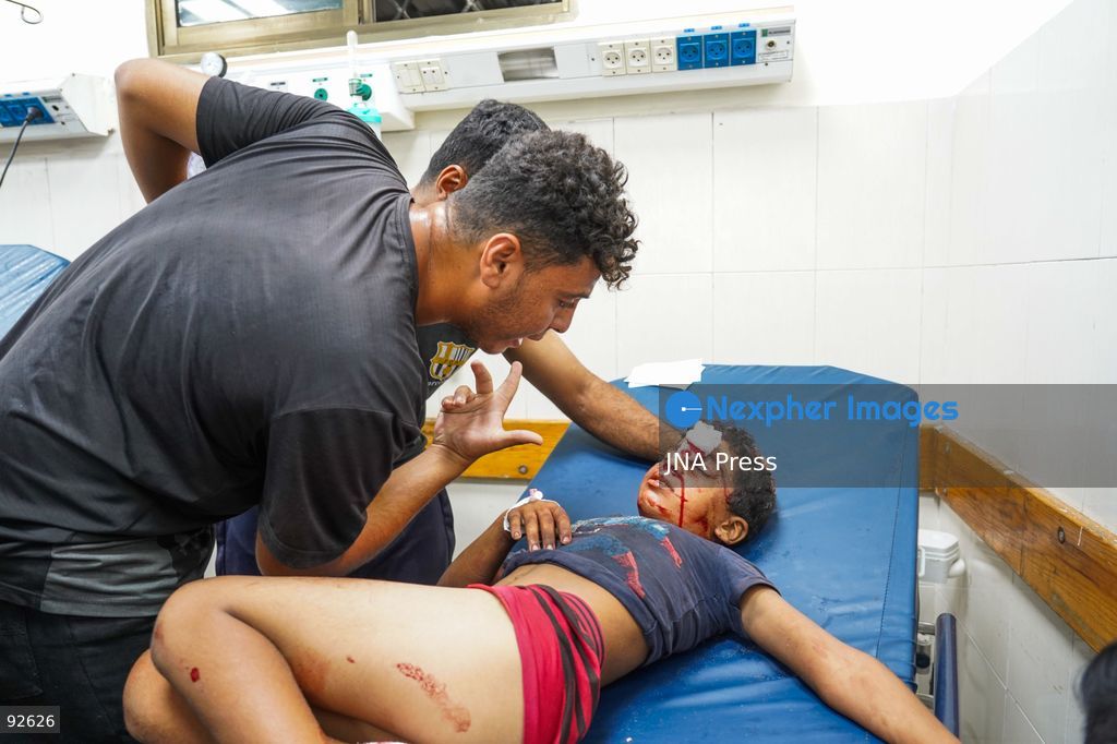 KHAN YOUNIS, GAZA STRIP, PALESTINE, SEPTEMBER 15, 2026: The bodies of two Palestinians and a number of wounded people, including children, arrive at Nasser Medical Complex following a reported Israeli strike on tents housing displaced Palestinians at Al-Sumoud camp west of Khan Younis in the southern Gaza Strip. Photo by Ramzi Abu Amer / JNA Press. (Photo by Ramzi Abu Amer/JNA Press via Nexpher Images)